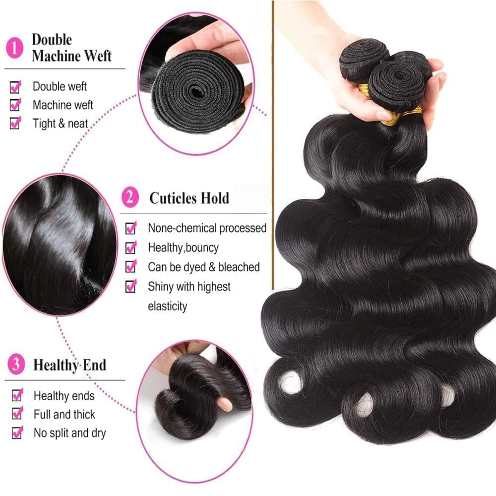 Body Wave Bundles Human Hair 16 18 20 22 Inch 10A Grade Human Hair Bundles Body Wave 4 Bundles 100% Unprocessed Brazilian Virgin Hair Extensions Natural Black