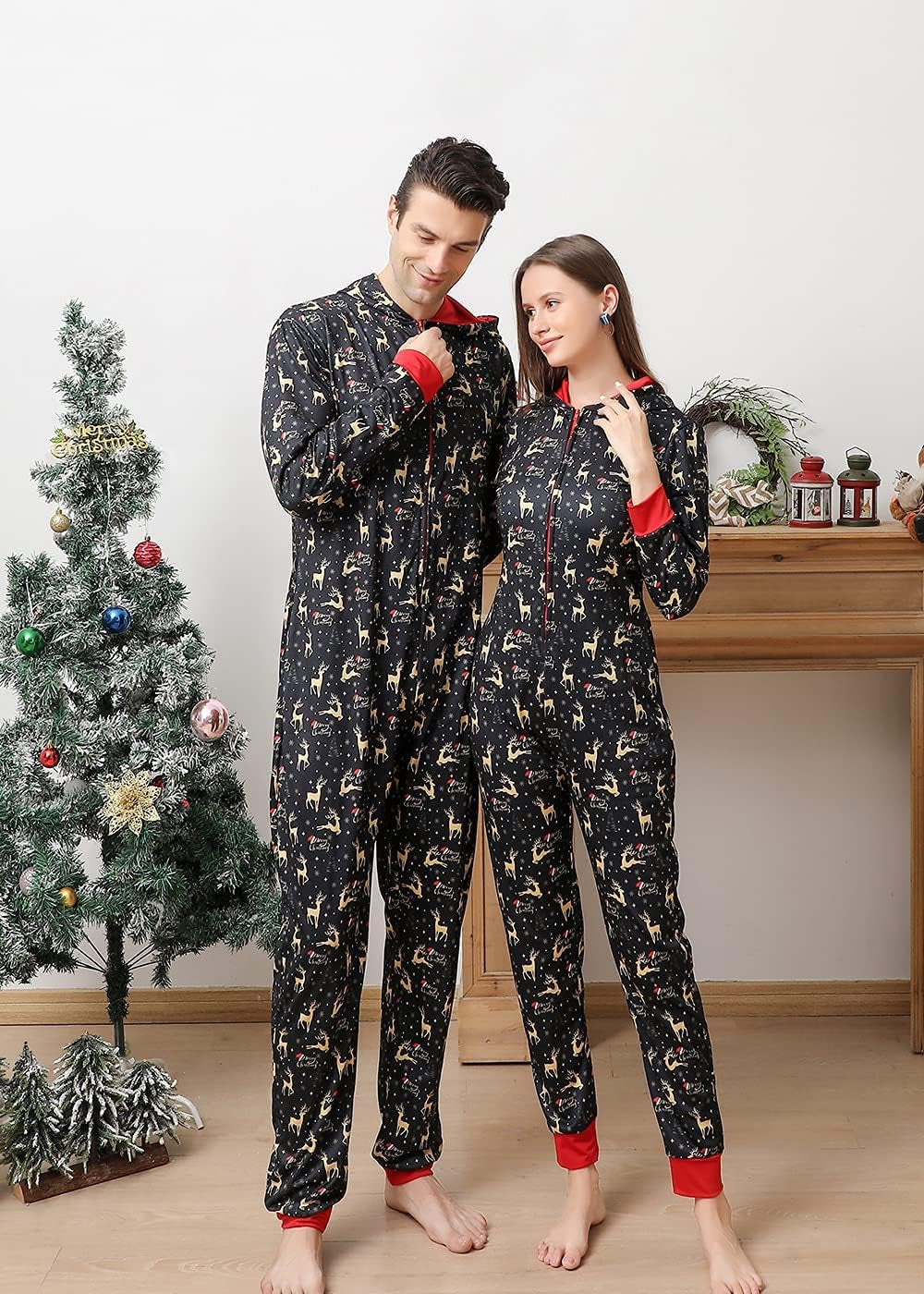 Matching Family Christmas Onesie Pajamas Set, Funny PJ Letter Snowman Elk Print Sleepwear, One Piece Hooded Xmas Loungewear for Women and Mens (Kids, 2-3Years, Black)