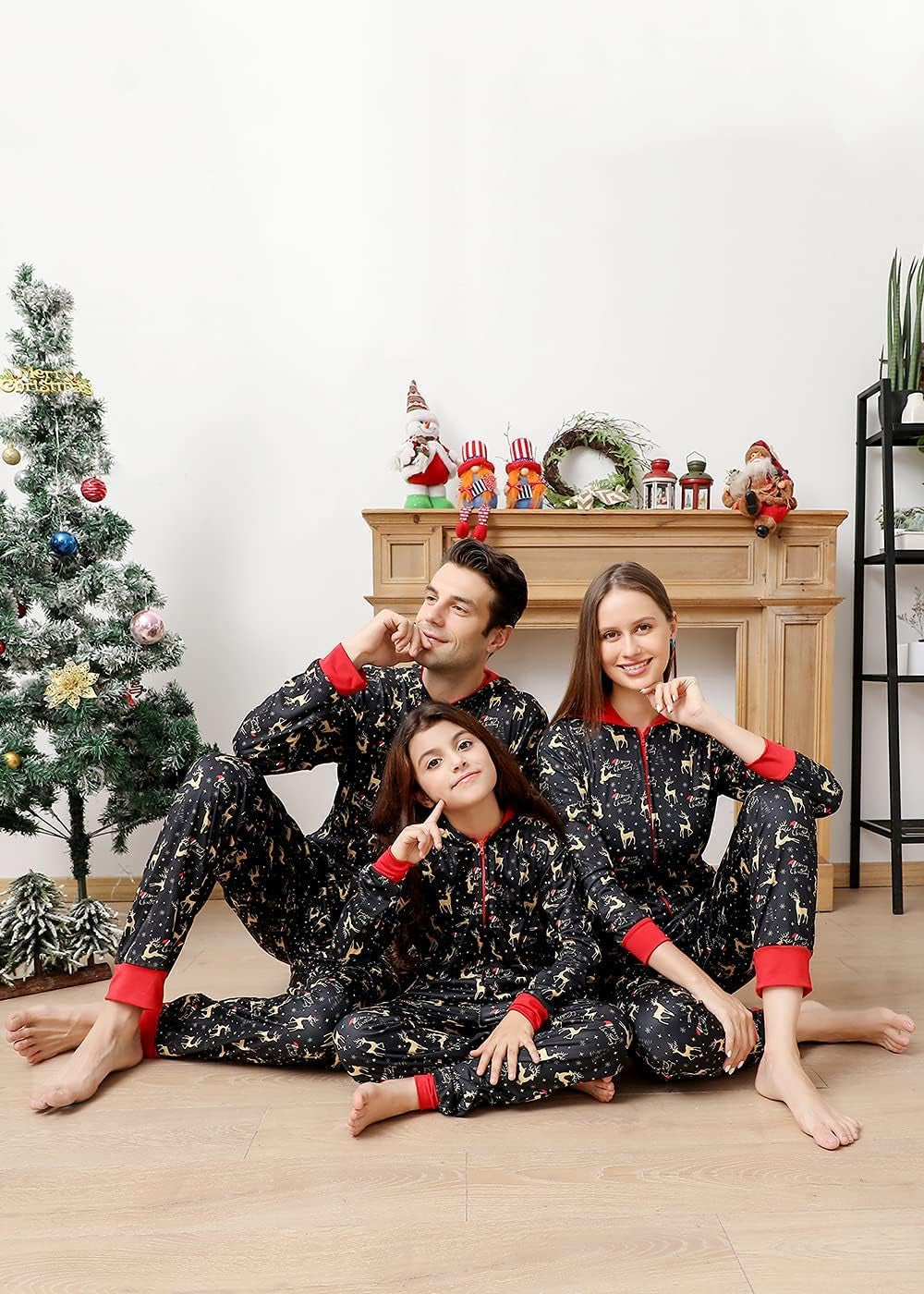 Matching Family Christmas Onesie Pajamas Set, Funny PJ Letter Snowman Elk Print Sleepwear, One Piece Hooded Xmas Loungewear for Women and Mens (Kids, 2-3Years, Black)