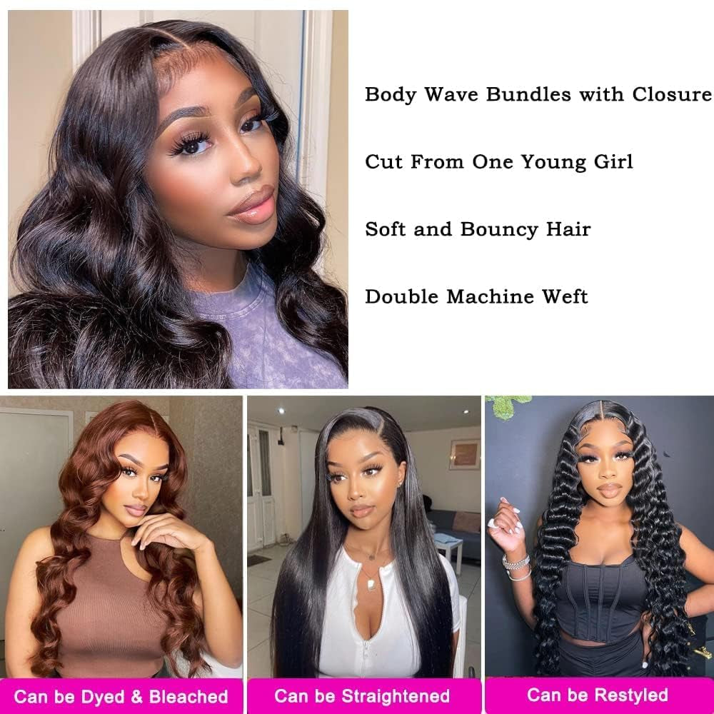 Body Wave Bundles Human Hair 16 18 20 22 Inch 10A Grade Human Hair Bundles Body Wave 4 Bundles 100% Unprocessed Brazilian Virgin Hair Extensions Natural Black
