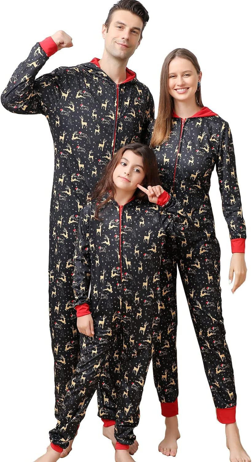 Matching Family Christmas Onesie Pajamas Set, Funny PJ Letter Snowman Elk Print Sleepwear, One Piece Hooded Xmas Loungewear for Women and Mens (Kids, 2-3Years, Black)