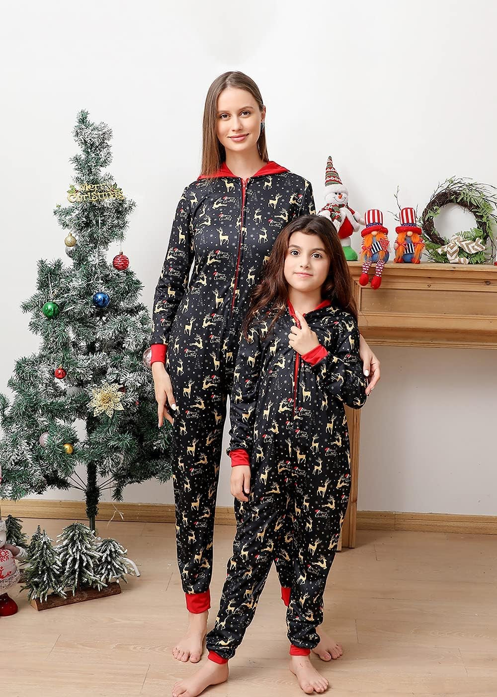 Matching Family Christmas Onesie Pajamas Set, Funny PJ Letter Snowman Elk Print Sleepwear, One Piece Hooded Xmas Loungewear for Women and Mens (Kids, 2-3Years, Black)